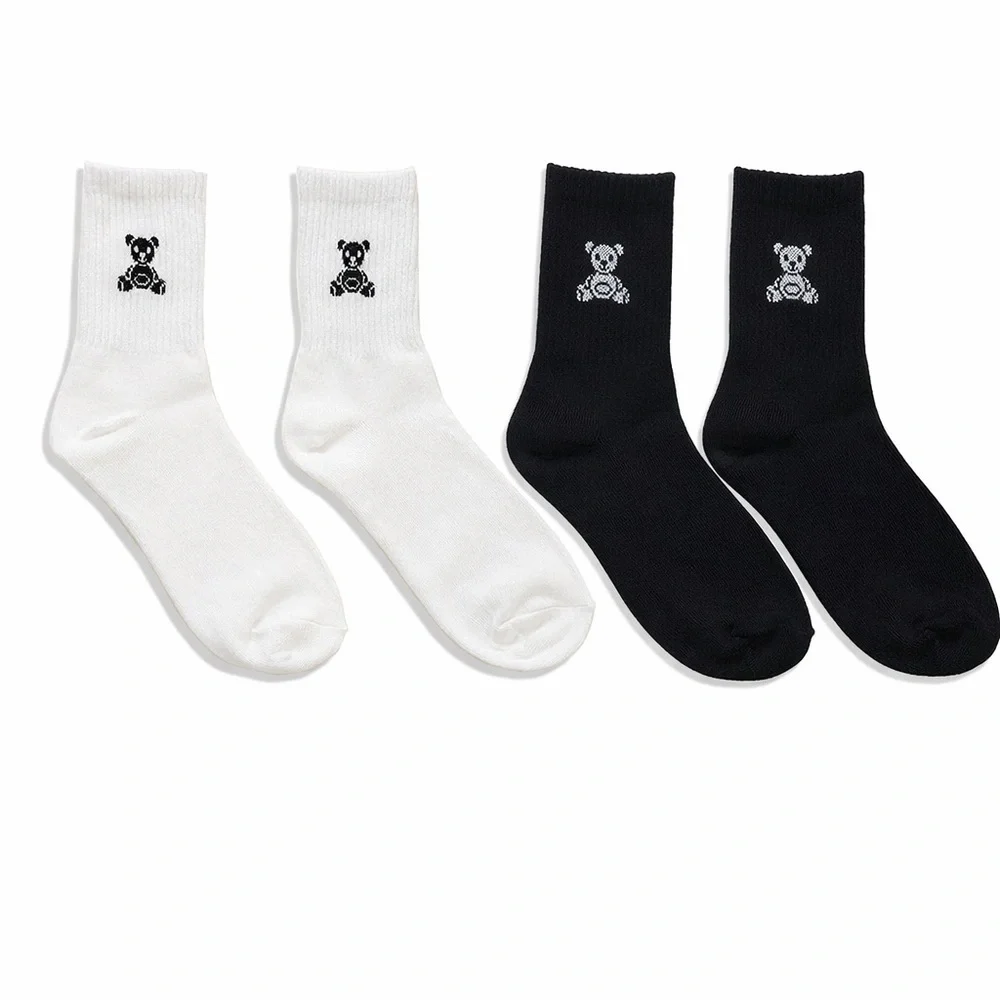 NWT Zenana White & Black Teddy Bear Crew Socks Minimal Cozy Aesthetic One Size